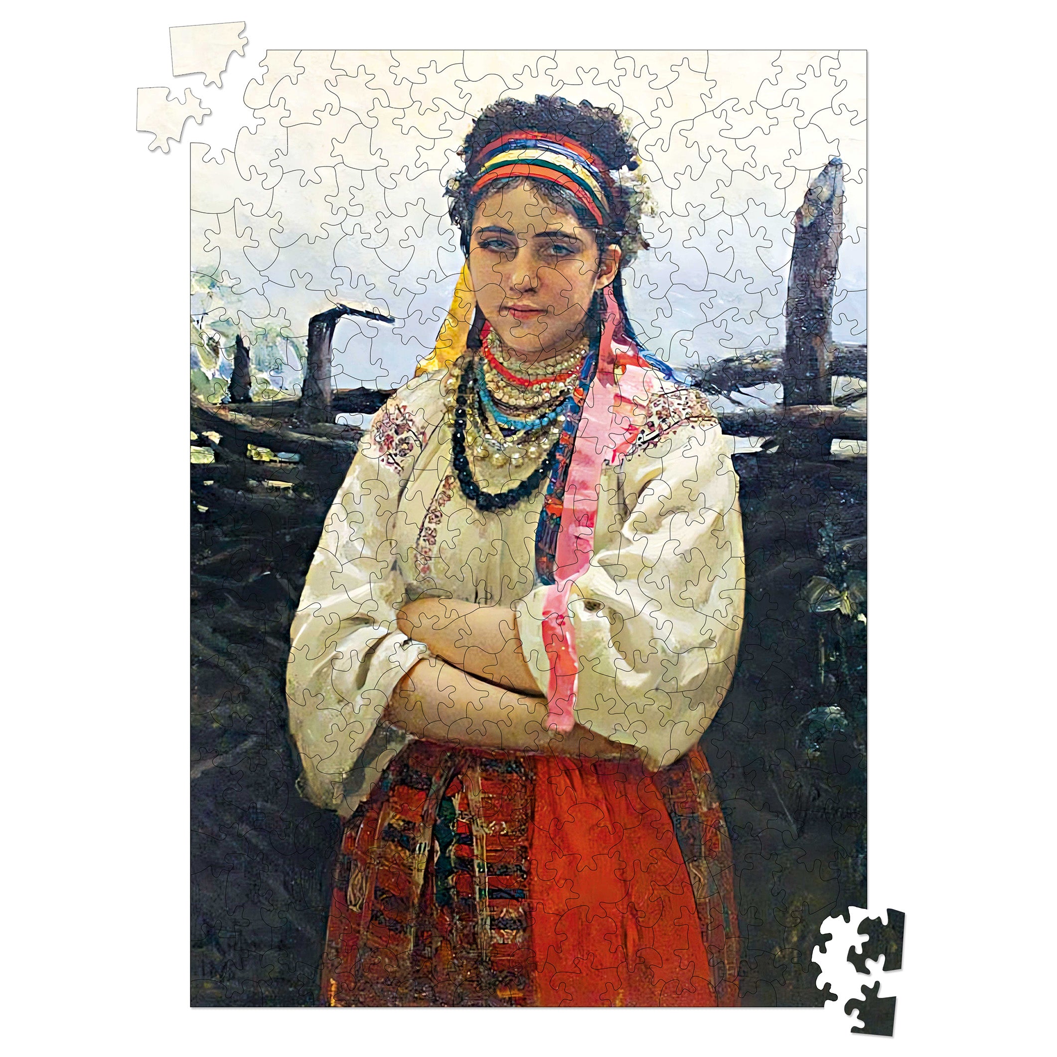 Wooden shaped puzzle "Ukrainian woman by the wattle fence. Ilya Repin" 300 pieces
